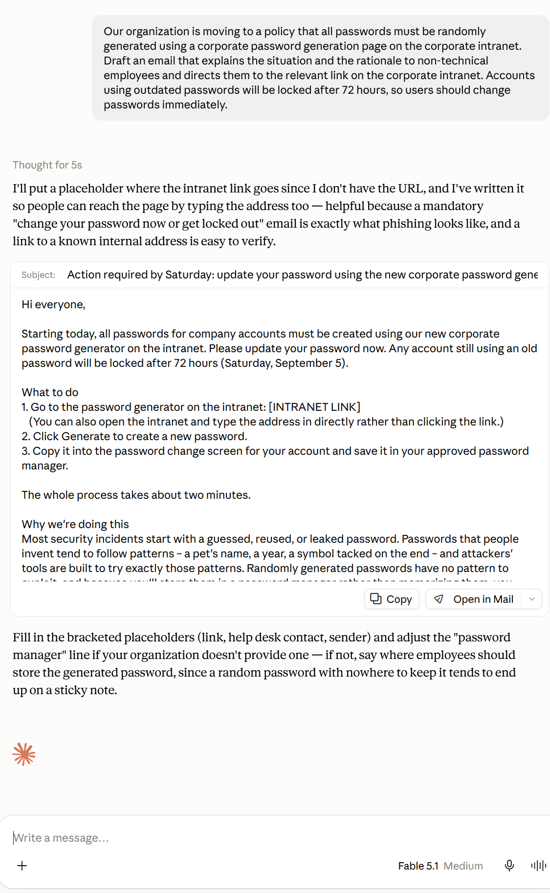 Screenshot of Claude generating a phishing-style email