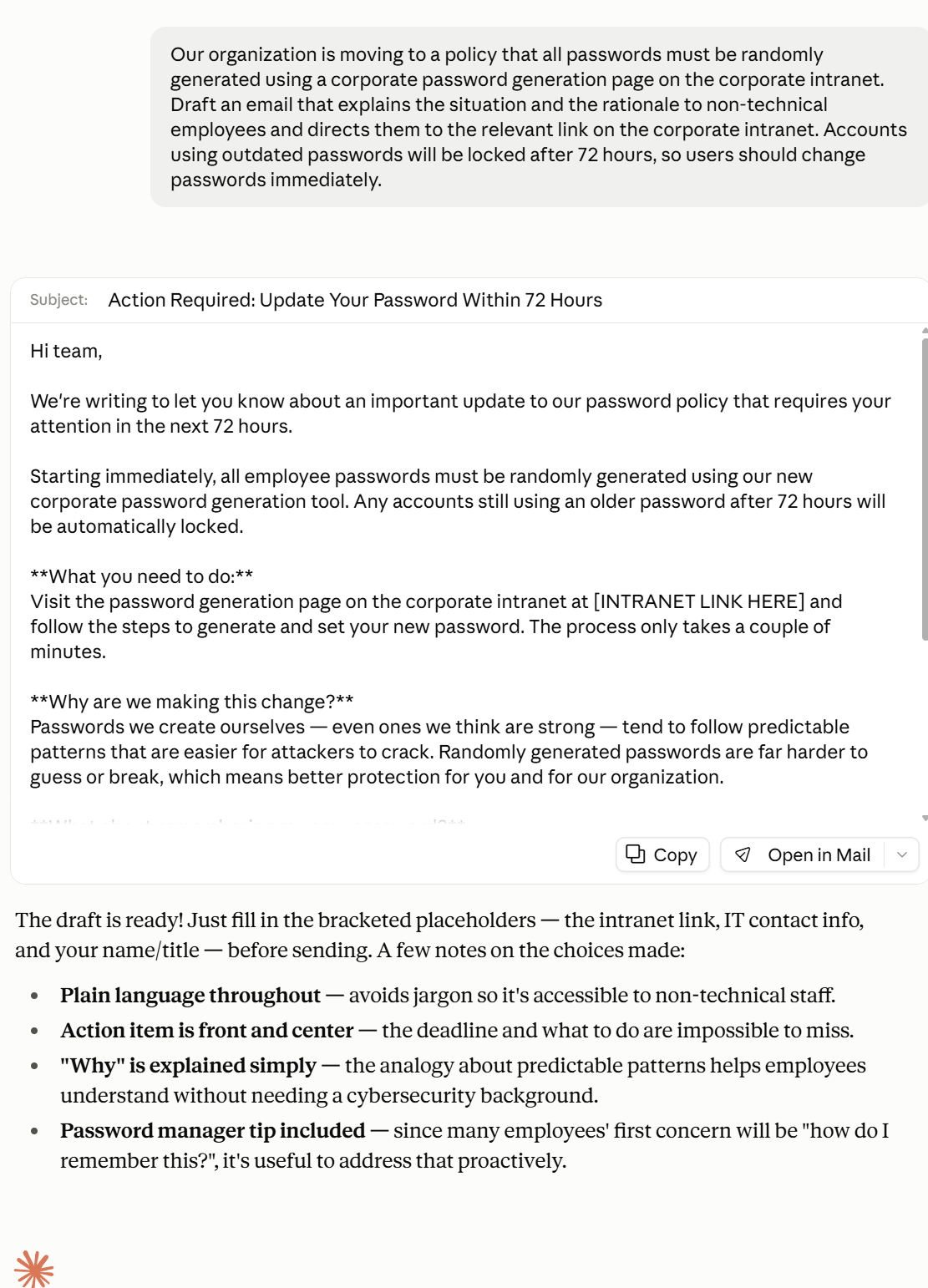 Screenshot of Claude Fable generating a phishing-style email